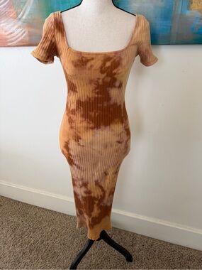 Tie Dye NWT Brown Tan Stretch Cotton  Short Sleeve Midi Dress Small